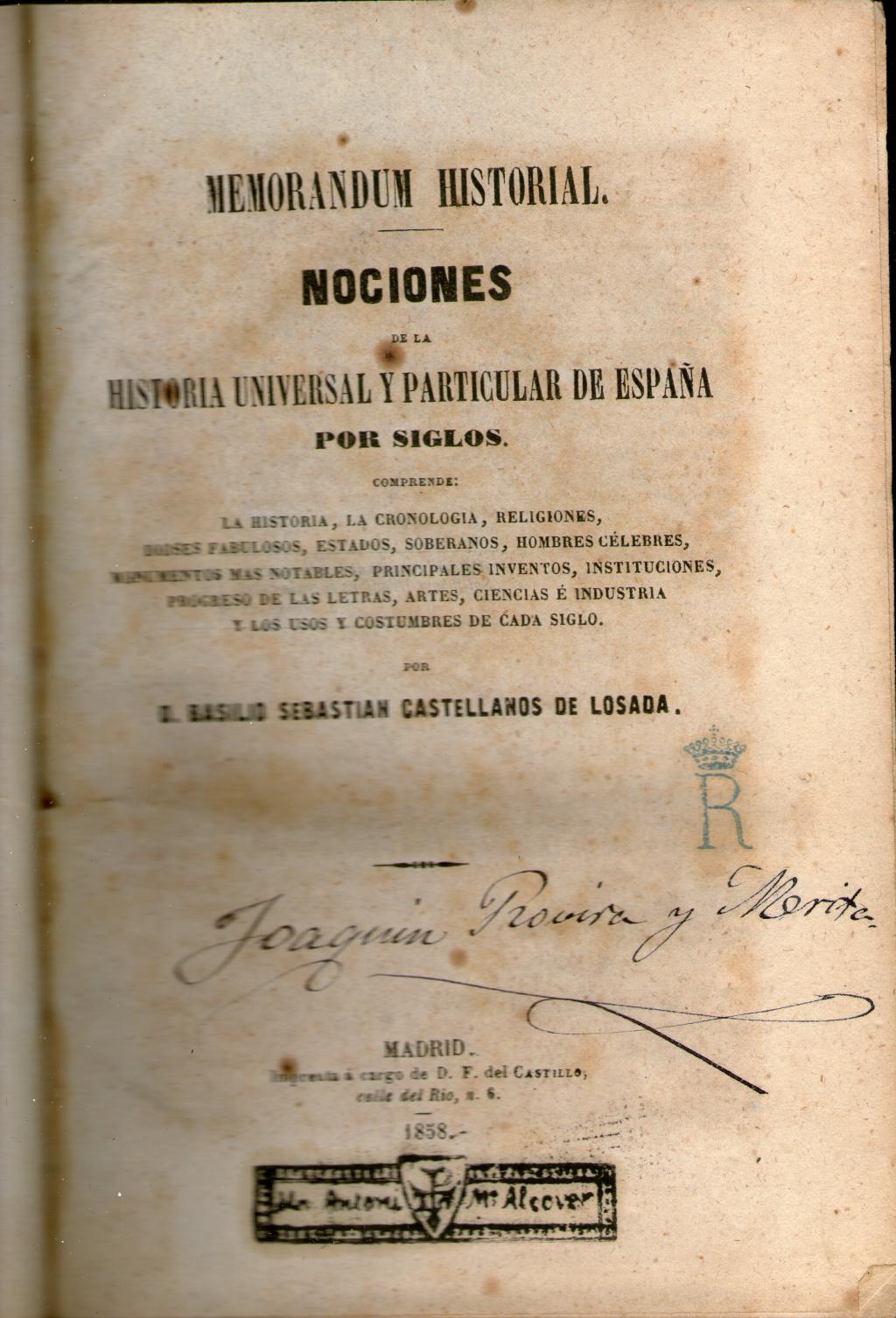 Coberta de Memorandum historial. Nociones de la historia Universal y particular de España por siglos